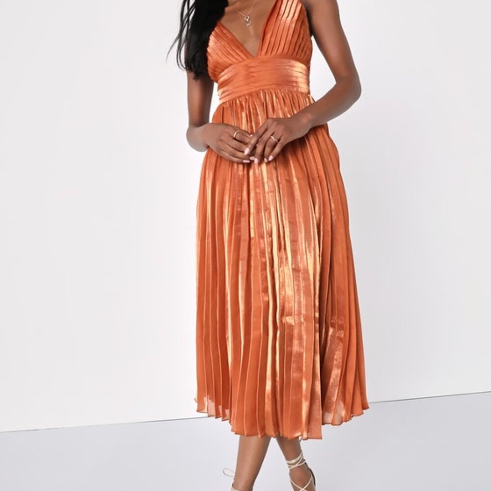 Lulus Romantic Aesthetic Shiny Rust Orange Pleated Midi Dress - Size XS